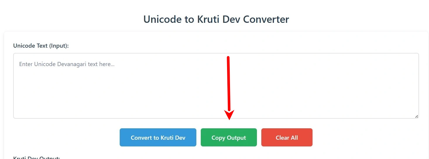Screenshot showing how to copy the converted Kruti Dev output and use it in PageMaker or Word